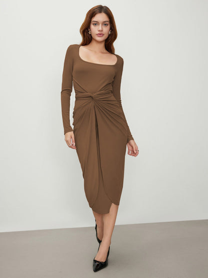Ribbed Long Sleeve Midi Dress with Twist Front and U-Neck