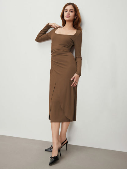 Ribbed Long Sleeve Midi Dress with Twist Front and U-Neck