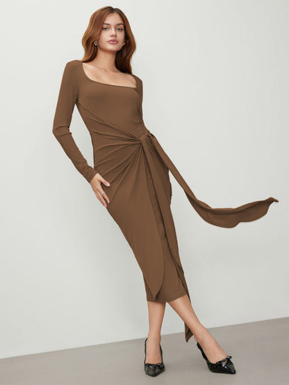 Ribbed Long Sleeve Midi Dress with Twist Front and U-Neck