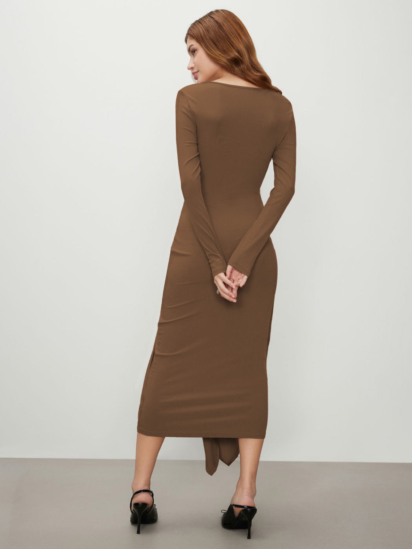 Ribbed Long Sleeve Midi Dress with Twist Front and U-Neck