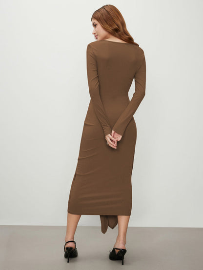 Ribbed Long Sleeve Midi Dress with Twist Front and U-Neck
