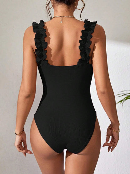 Ribbed Knit Bodysuit with Ruffle Straps and Square Neck