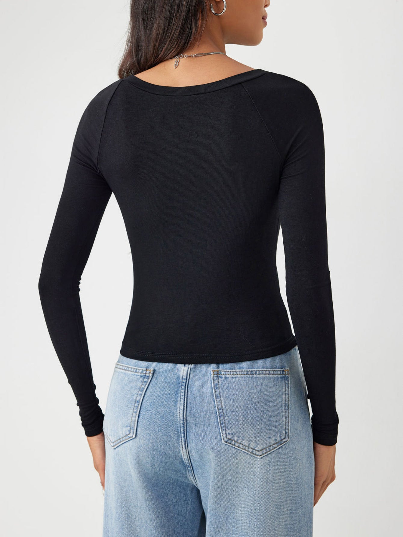 Slim Fit Long Sleeve Raglan Top with Curved Hem