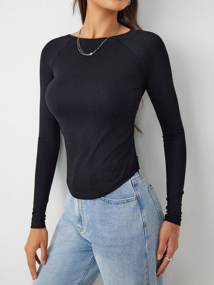 Slim Fit Long Sleeve Raglan Top with Curved Hem