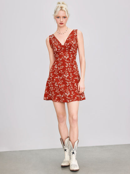 Floral A-Line Midi Dress with V-Neck and Sleeveless Cut
