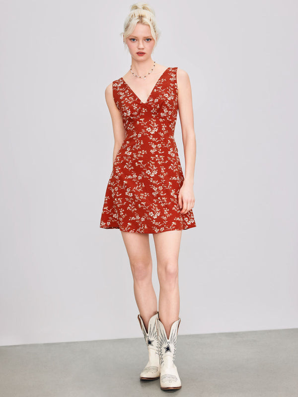 Floral A-Line Midi Dress with V-Neck and Sleeveless Cut