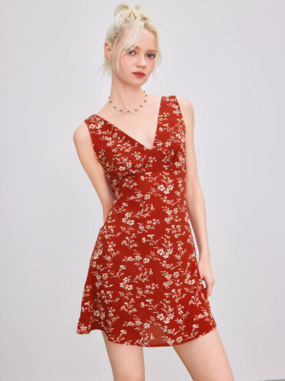 Floral A-Line Midi Dress with V-Neck and Sleeveless Cut