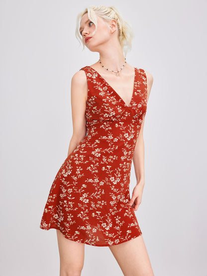 Floral A-Line Midi Dress with V-Neck and Sleeveless Cut