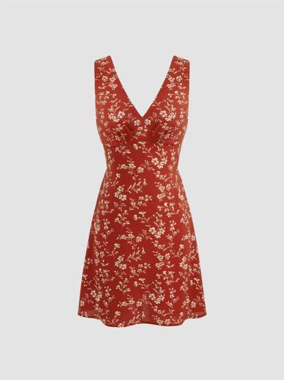 Floral A-Line Midi Dress with V-Neck and Sleeveless Cut