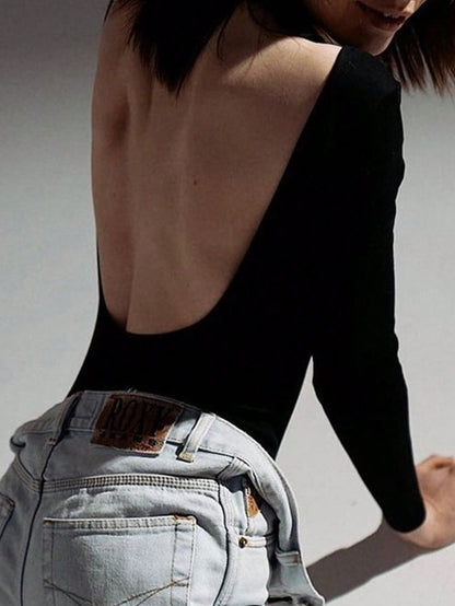 Slim Fit Backless Bodysuit with Long Sleeves