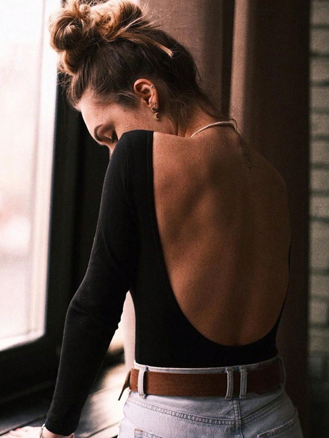 Slim Fit Backless Bodysuit with Long Sleeves