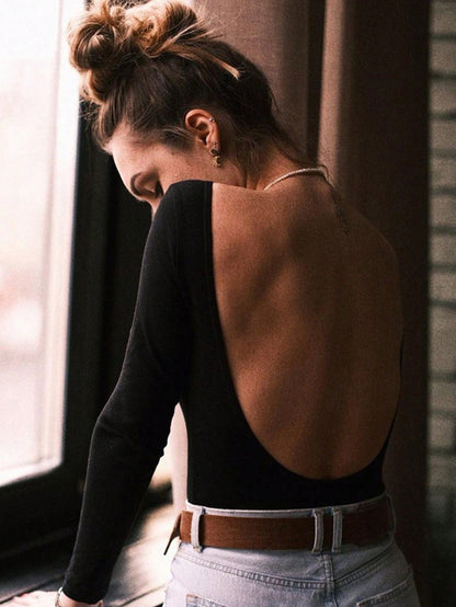 Slim Fit Backless Bodysuit with Long Sleeves