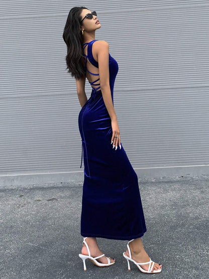 Velvet Mermaid Maxi Dress with Criss-Cross Back
