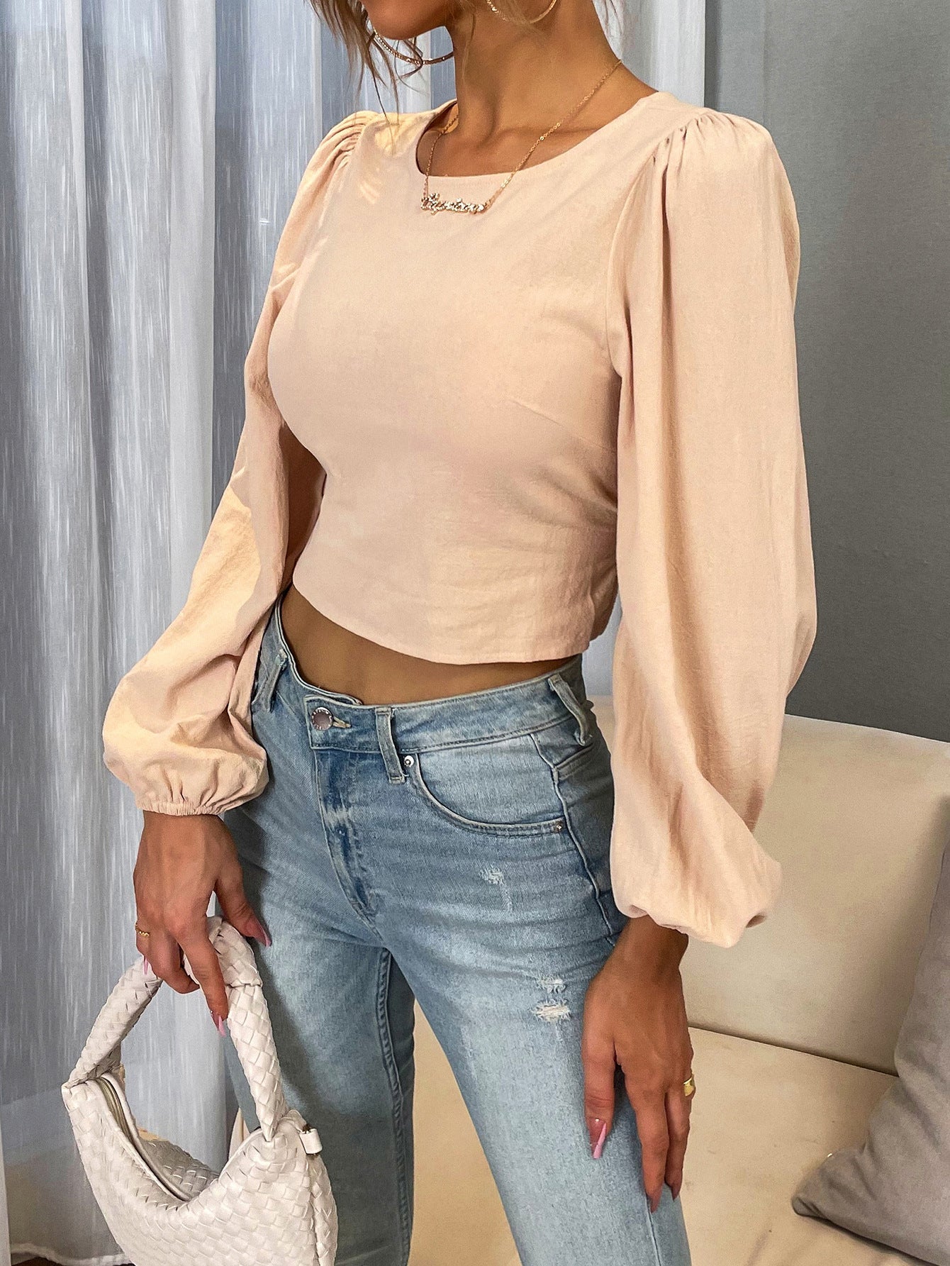 Slim Fit Cropped Top with Lantern Sleeves and Lace-up Back