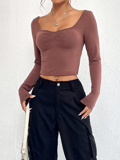Slim Fit Long Sleeve Crop Top with Ruched Sweetheart Neckline