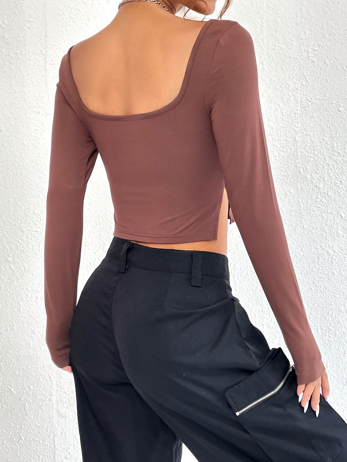 Slim Fit Long Sleeve Crop Top with Ruched Sweetheart Neckline