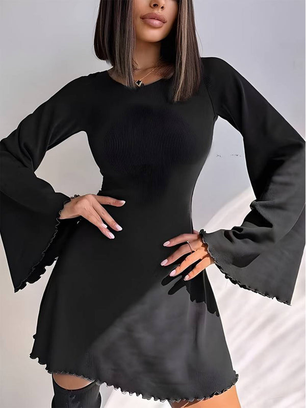 Solid A-Line Mini Dress with Flared Sleeves and Lace-Up Back