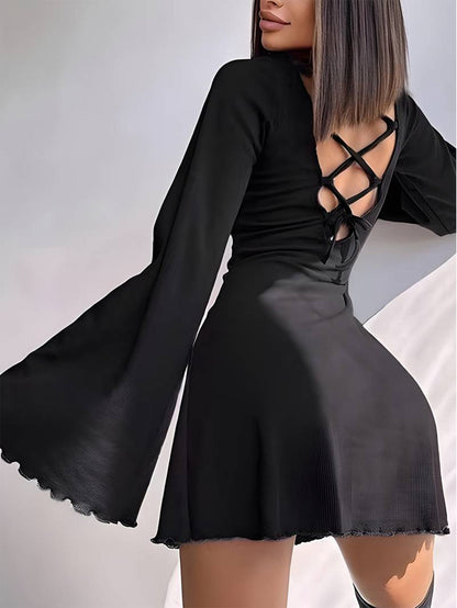 Solid A-Line Mini Dress with Flared Sleeves and Lace-Up Back