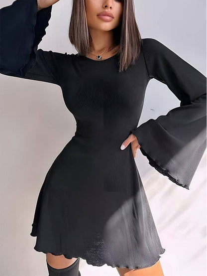 Solid A-Line Mini Dress with Flared Sleeves and Lace-Up Back