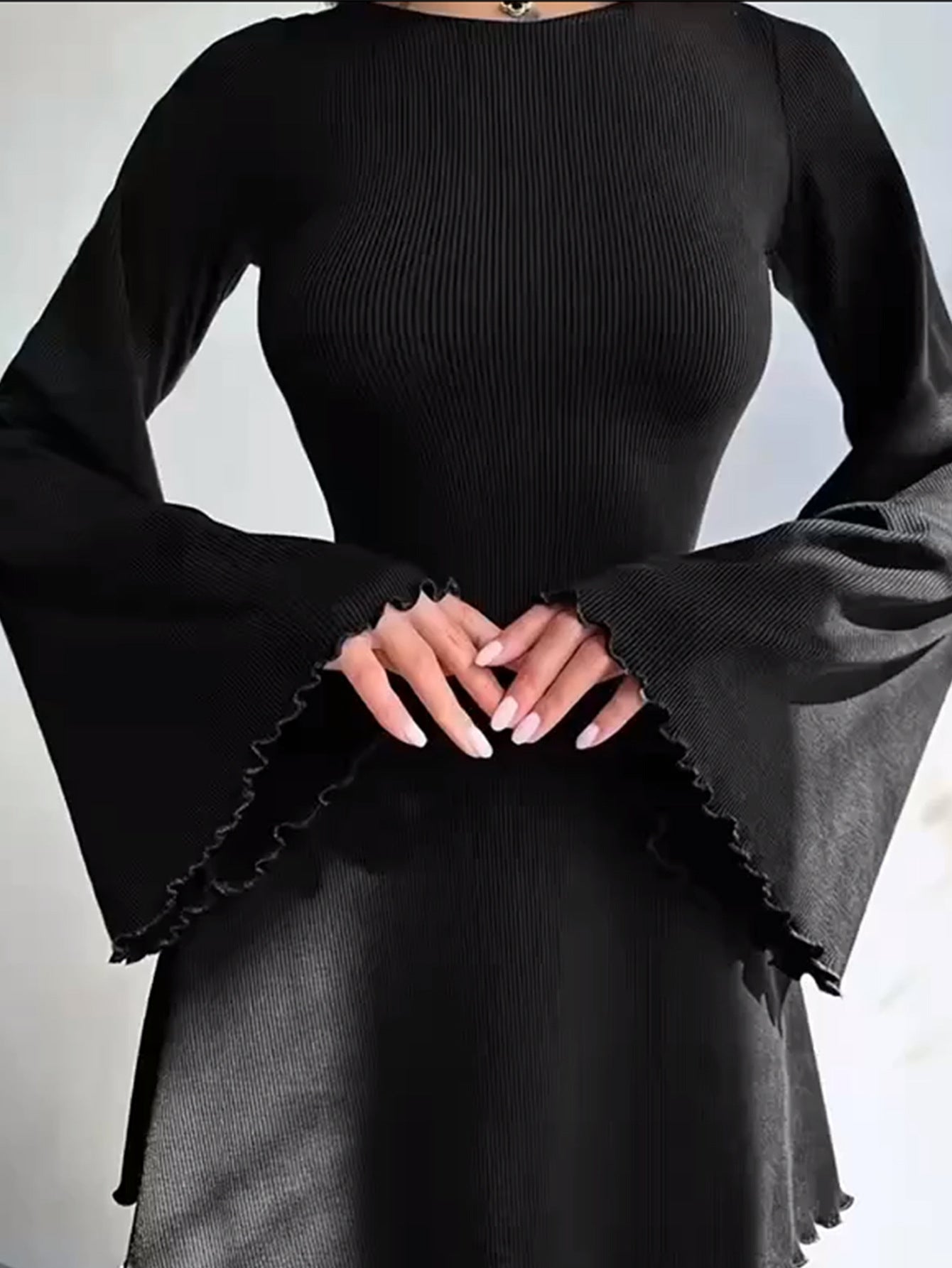 Solid A-Line Mini Dress with Flared Sleeves and Lace-Up Back