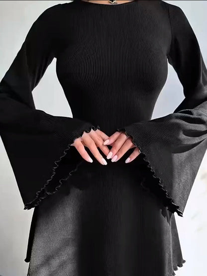 Solid A-Line Mini Dress with Flared Sleeves and Lace-Up Back