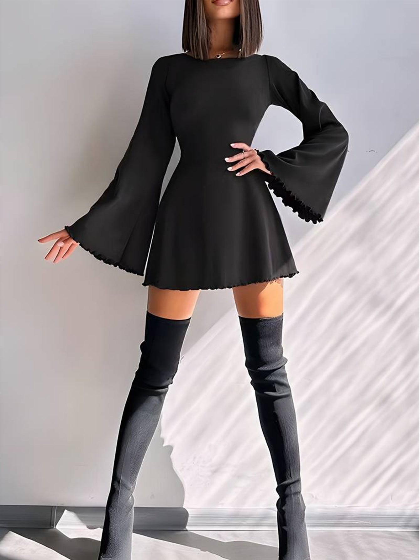 Solid A-Line Mini Dress with Flared Sleeves and Lace-Up Back