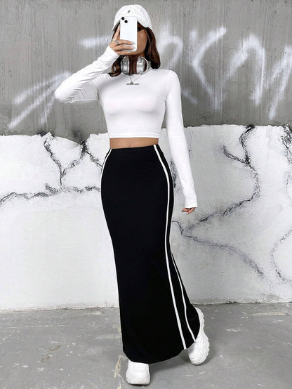 High-Waist Mermaid Maxi Skirt with Contrast Side Stripes