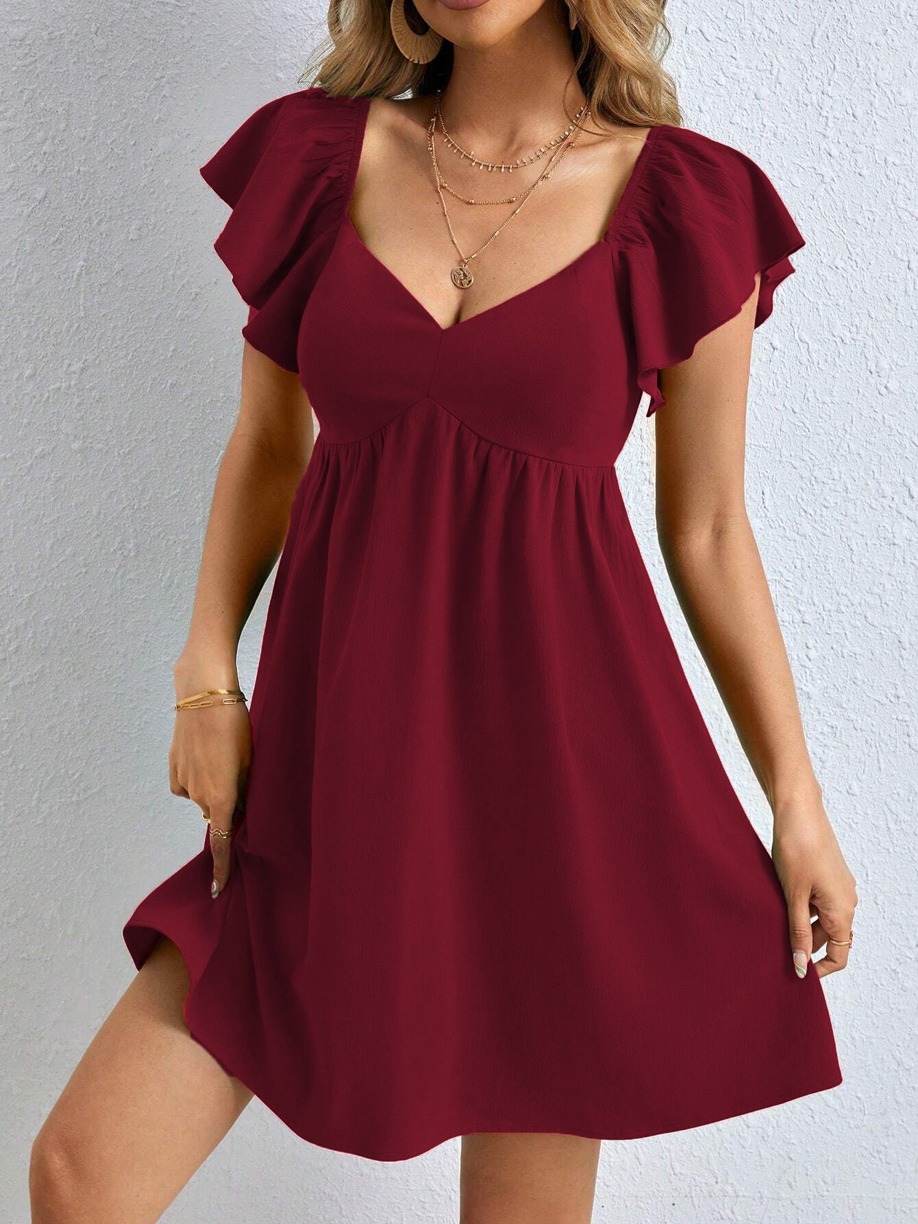 A-Line Mini Dress with V-Neck and Flutter Sleeves