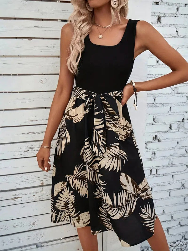 Contrast Tropical Print Midi Dress with Square Neck