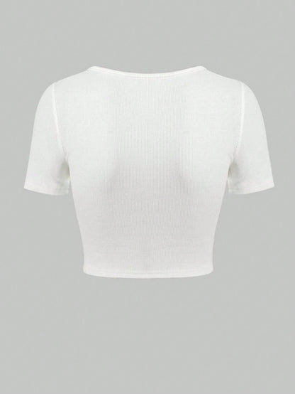 Bodycon Ribbed Crop Top with V-Neck and O-Ring Detail
