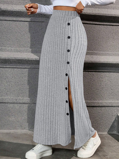 Ribbed Knit Mermaid Midi Skirt with Buttoned Side Slit