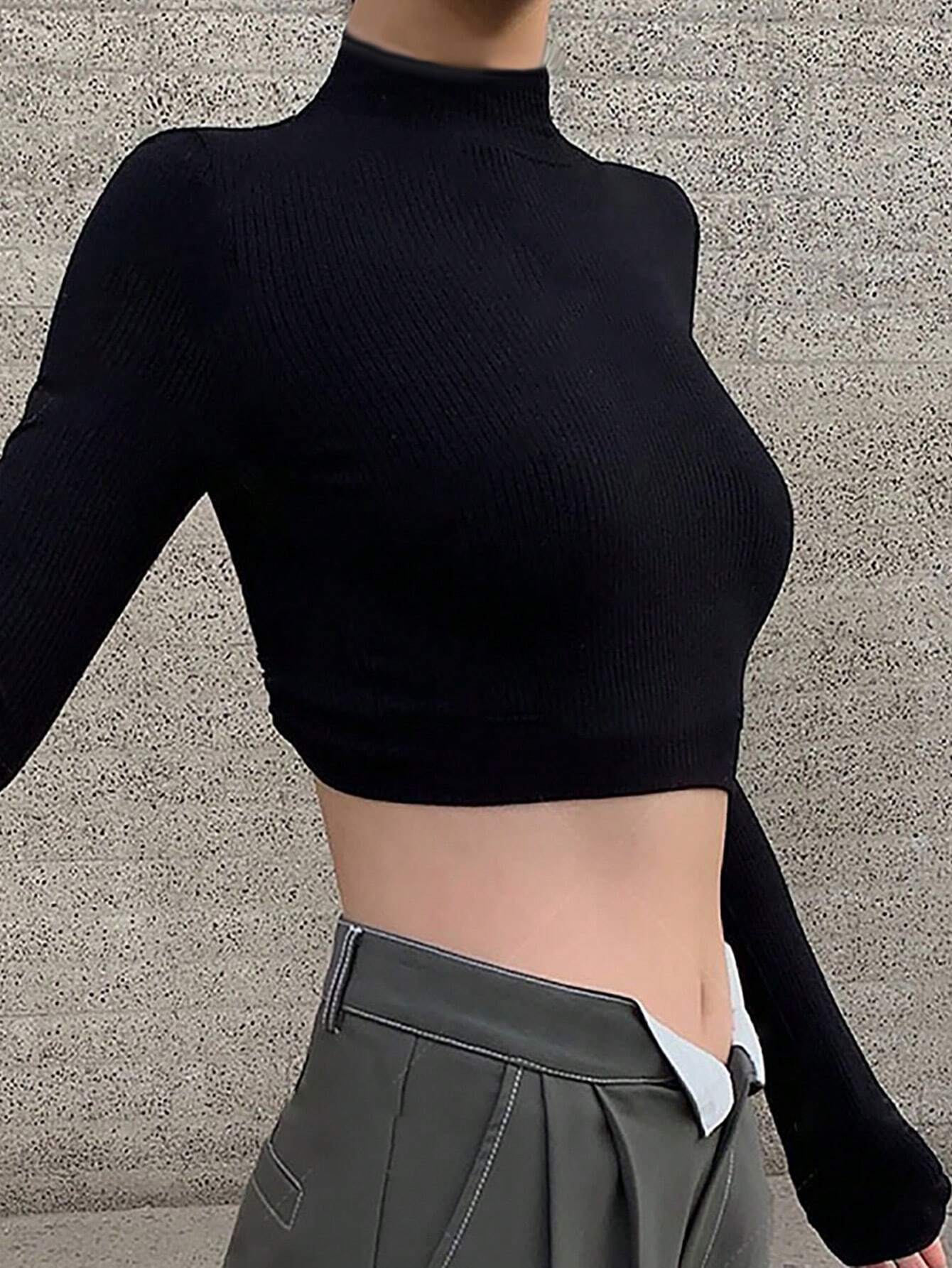 Ribbed High Neck Crop Top with Backless Tie Detail