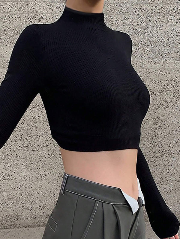Ribbed High Neck Crop Top with Backless Tie Detail