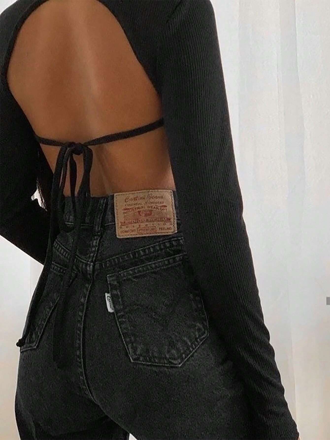 Ribbed High Neck Crop Top with Backless Tie Detail