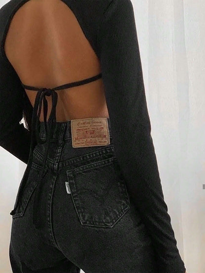 Ribbed High Neck Crop Top with Backless Tie Detail