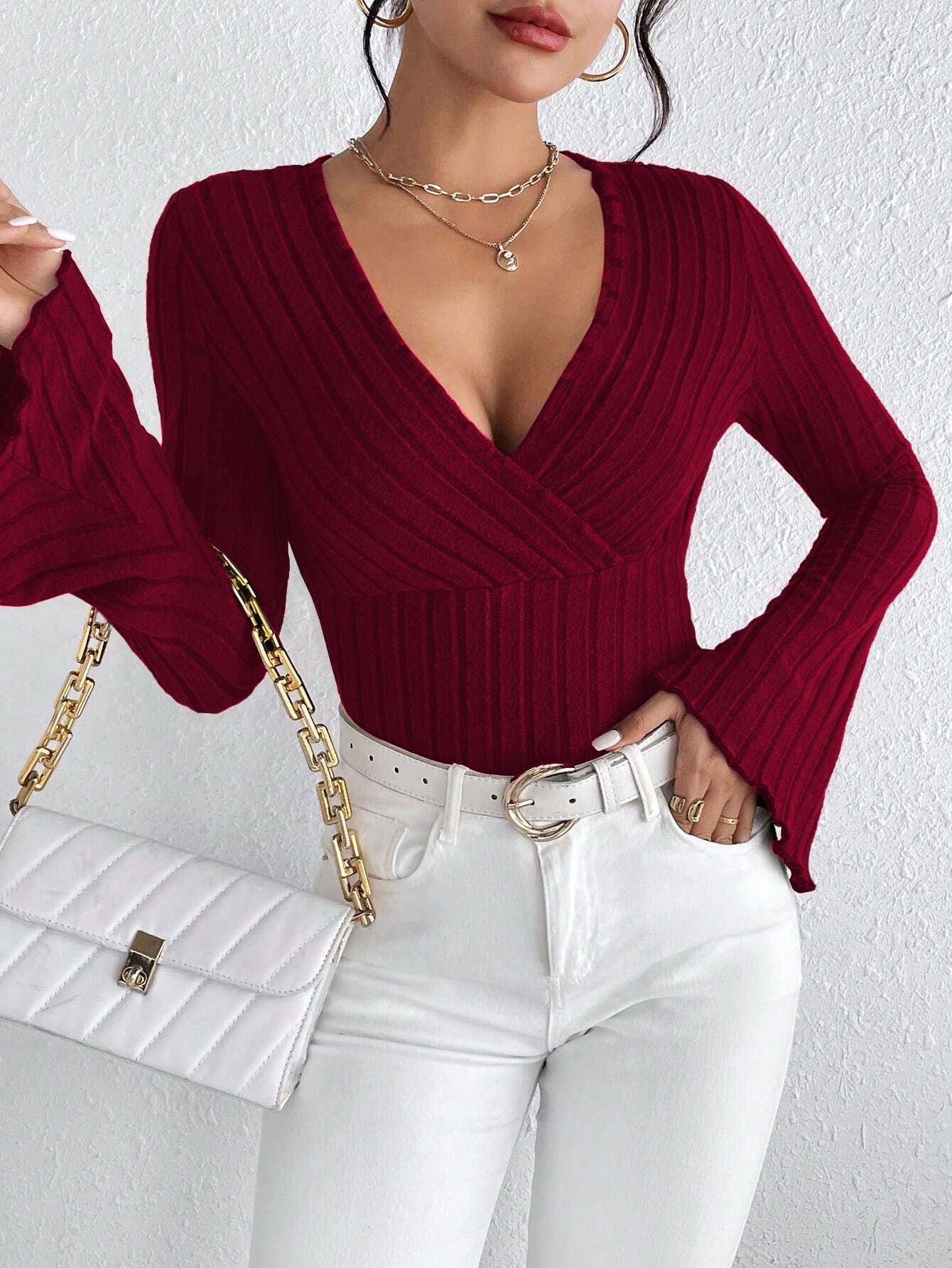 Slim Fit Ribbed Top with V-Neck and Flared Sleeves