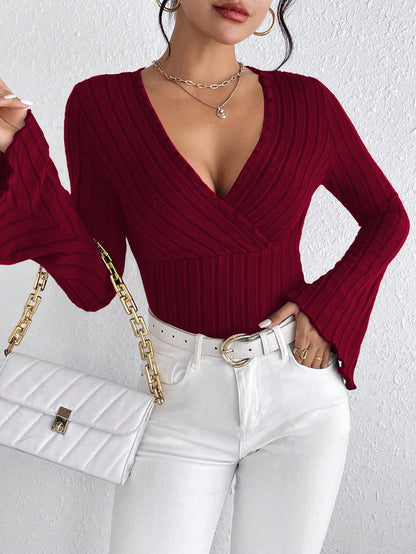 Slim Fit Ribbed Top with V-Neck and Flared Sleeves