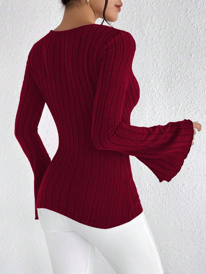 Slim Fit Ribbed Top with V-Neck and Flared Sleeves