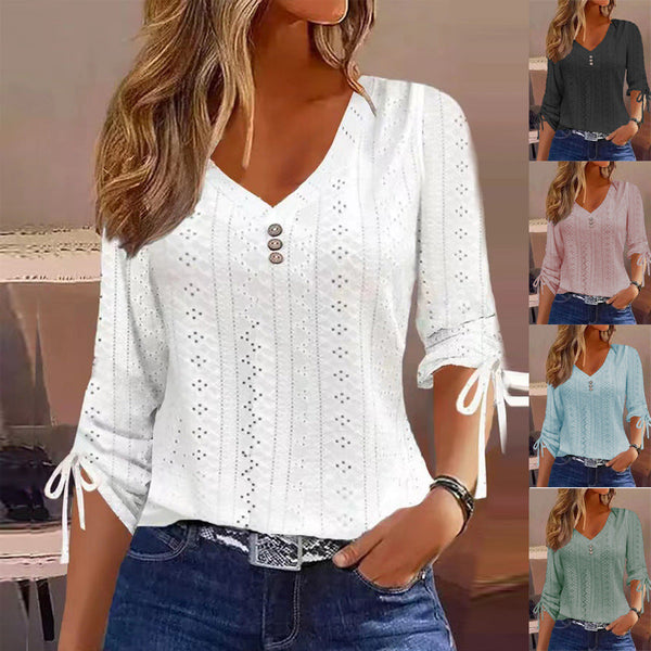 Jacquard V-Neck Top with Button Detail and Tie-Up Sleeves