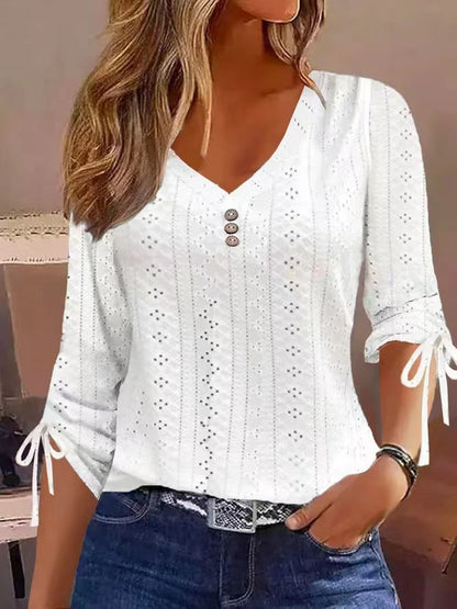 Jacquard V-Neck Top with Button Detail and Tie-Up Sleeves