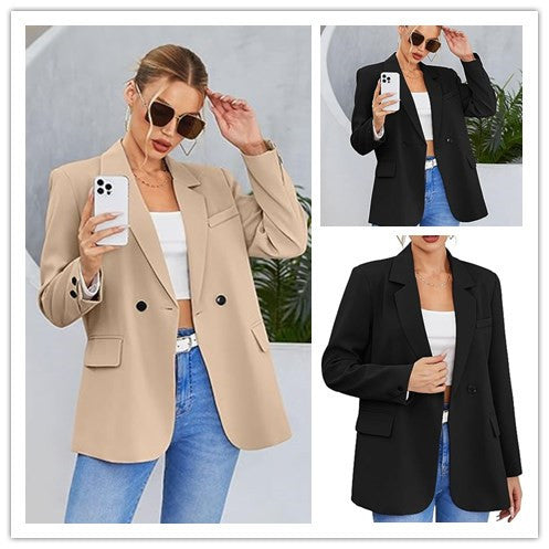 Solid Double-Breasted Blazer with Notched Lapel and Flap Pockets