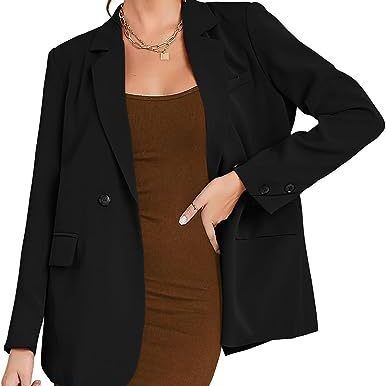 Solid Double-Breasted Blazer with Notched Lapel and Flap Pockets