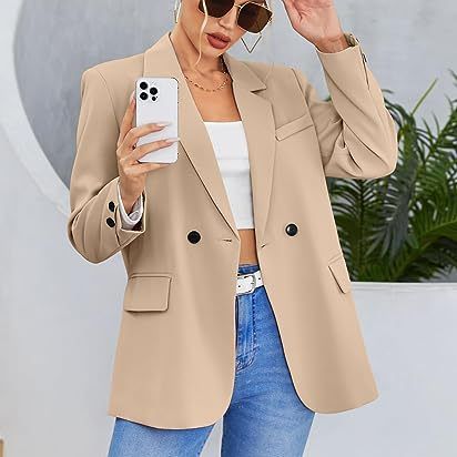 Solid Double-Breasted Blazer with Notched Lapel and Flap Pockets