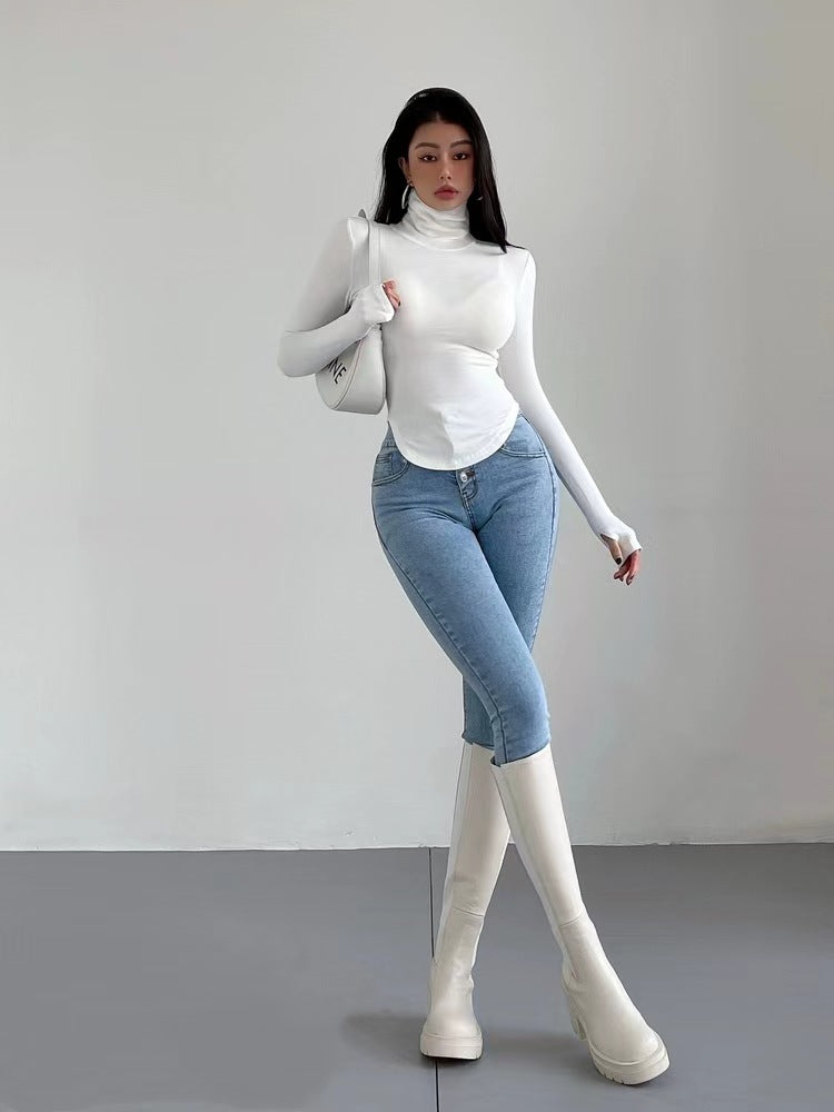 Slim Fit Turtleneck Top with Thumbhole Cuffs and Curved Hem