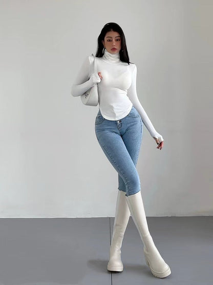 Slim Fit Turtleneck Top with Thumbhole Cuffs and Curved Hem