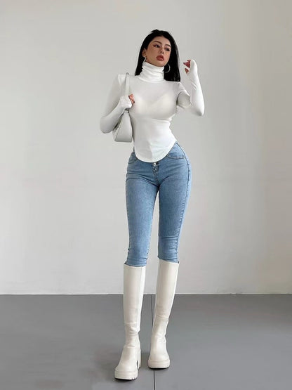 Slim Fit Turtleneck Top with Thumbhole Cuffs and Curved Hem