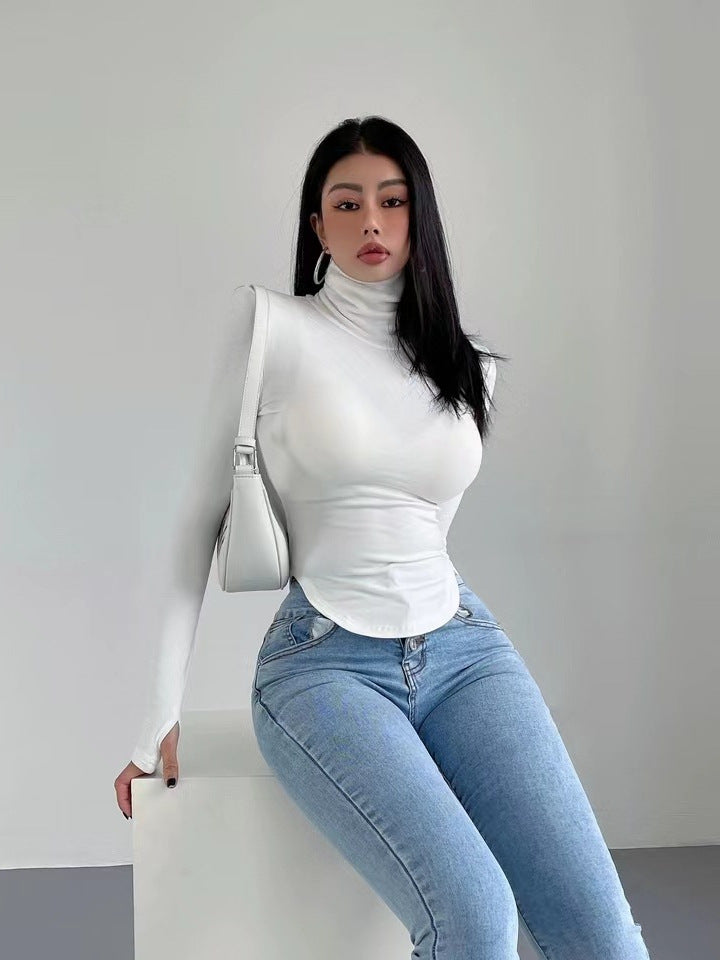 Slim Fit Turtleneck Top with Thumbhole Cuffs and Curved Hem