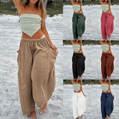 Wide-Leg Pleated Pants with Drawstring Waist and Patch Pockets