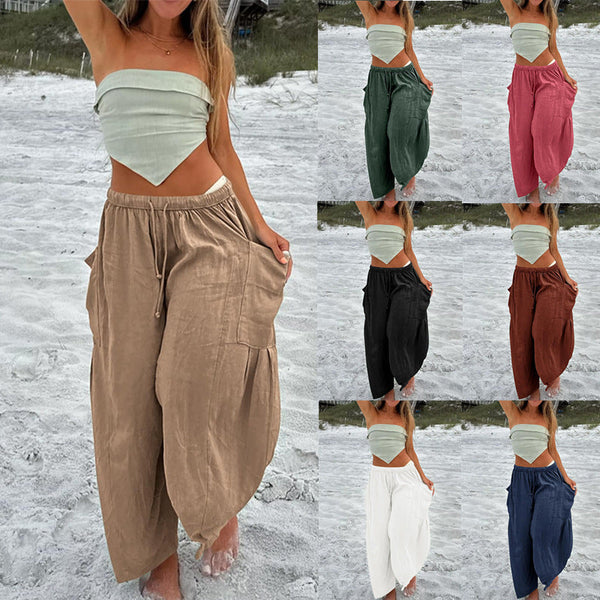 Wide-Leg Pleated Pants with Drawstring Waist and Patch Pockets