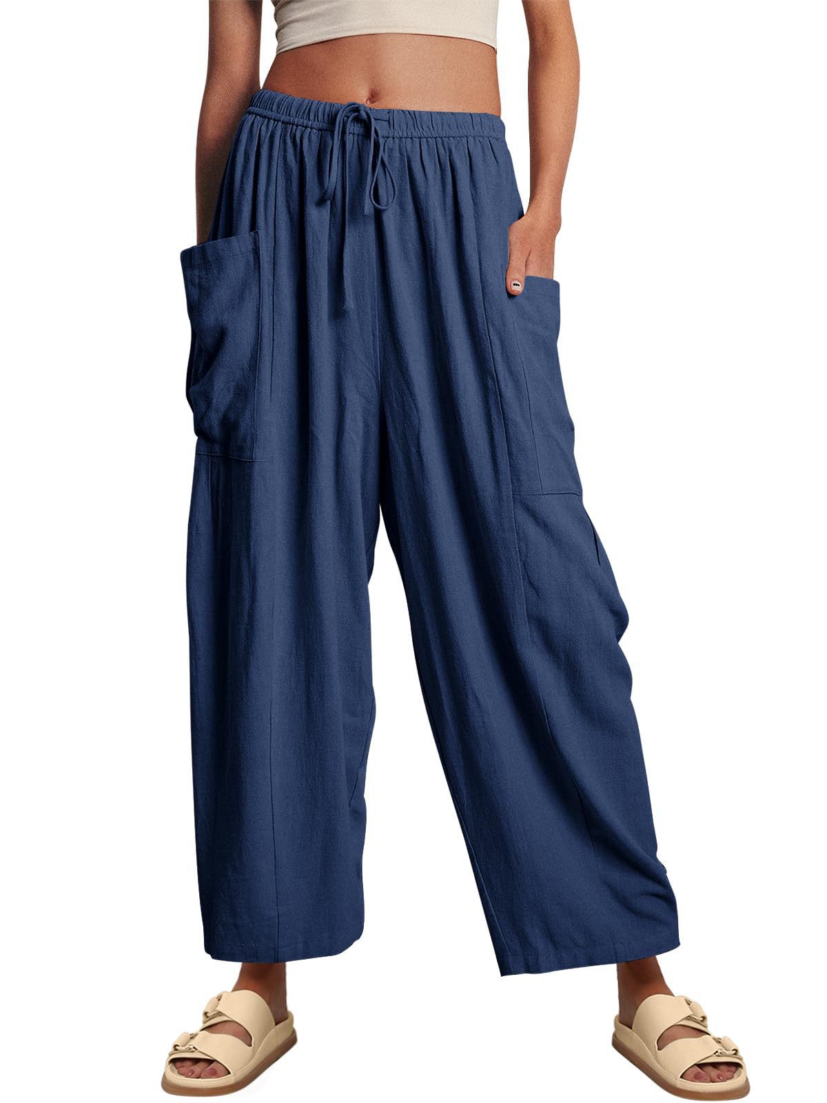 Wide-Leg Pleated Pants with Drawstring Waist and Patch Pockets